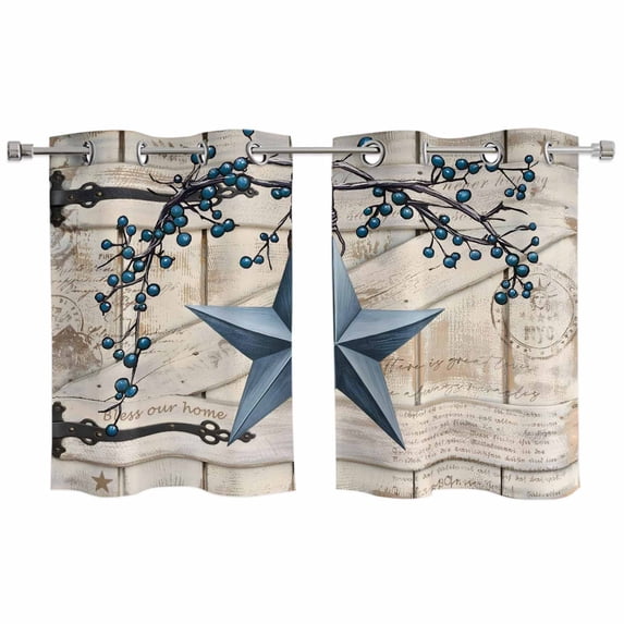 Texas Star Vintage Kitchen Curtains Window Panels, Retro Navy Blue Berry Wooden Insulated Window Treatment Curtain, Grommet Curtains for Bedroom/Living Room/Bathroom, 2 Piece 27.5"Wx39"L