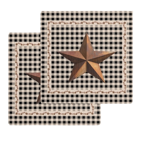 Texas Star Vintage Kitchen Dish Towels for Drying Dishes Set of 2, Retro Country Brown Stars Checkered Waffle Weave Microfiber Hand Tea Bathroom Towels Quick Dry & Absorbent Towel 12x12