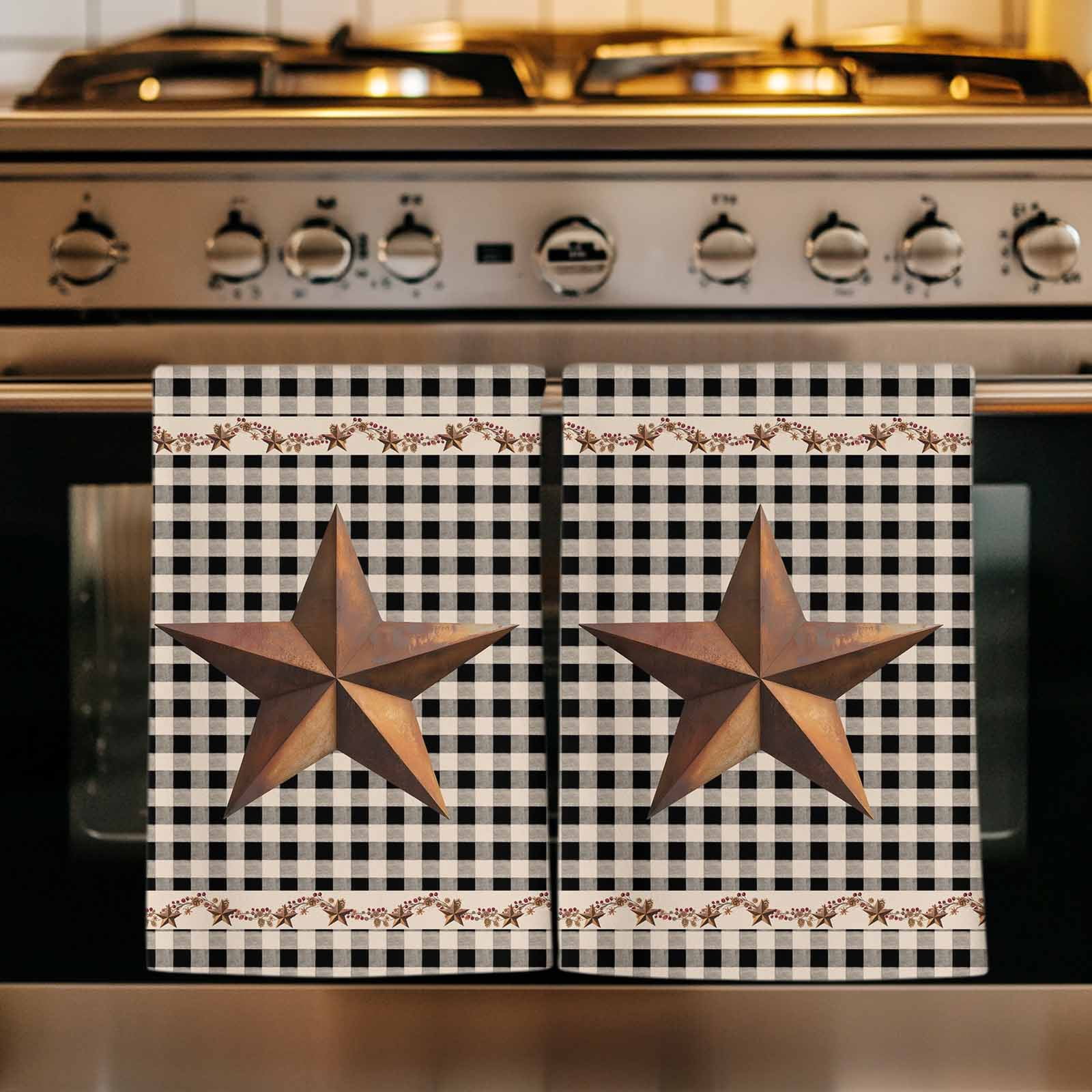 Texas Star Vintage Kitchen Towels Set of 2, Retro Country Brown Stars Checkered Absorbent Dish Towels for Kitchen, Microfiber Hand Towel, Quick Drying Tea Towel for Cleaning Decorative Dishcloths