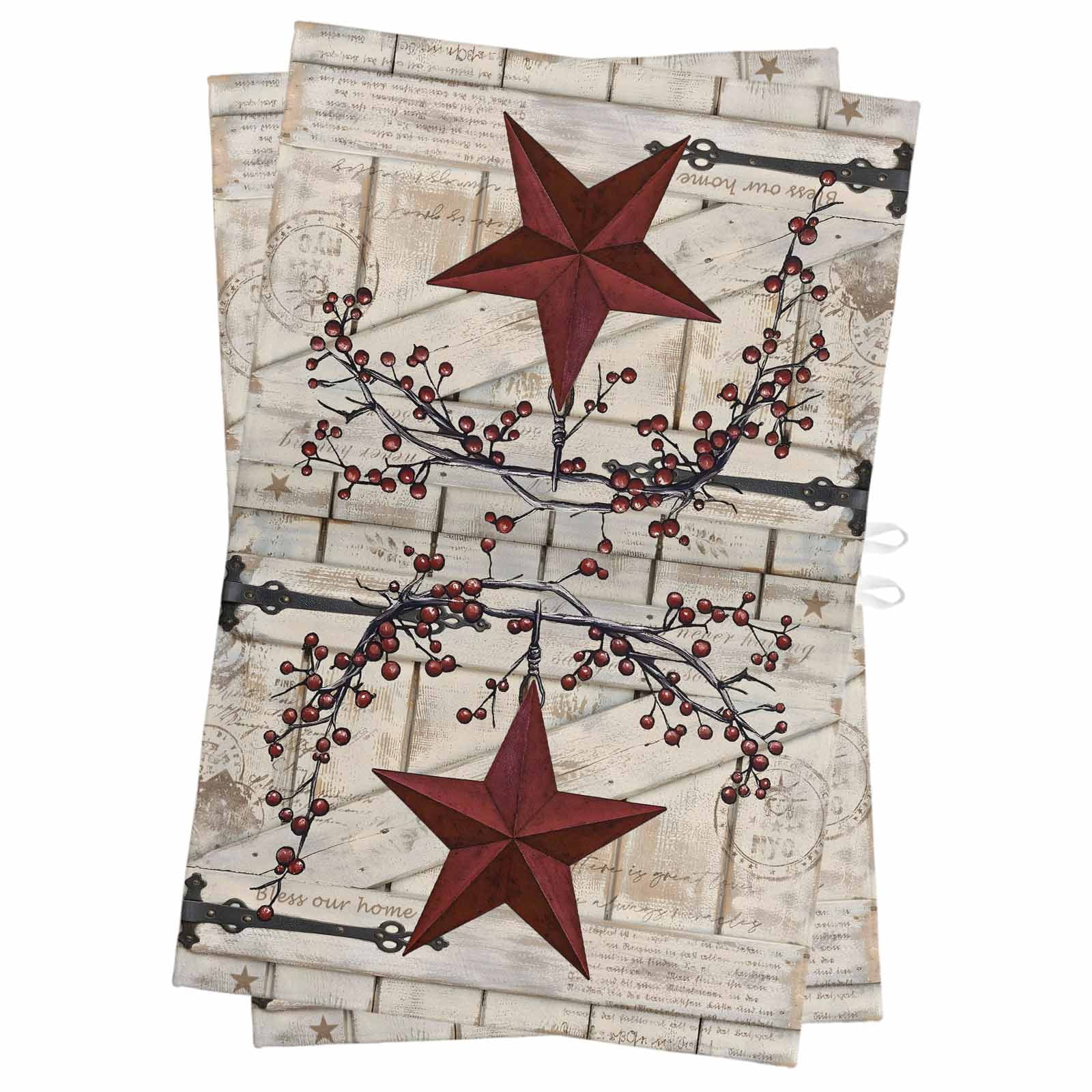 Texas Star Vintage Kitchen Towels Set of 2, Water Absorbent Dish Towel, Red Retro Berry Beige Wooden Decorative Hand Towels - Quick Drying Cloth for Cooking Baking, 18x28 Inch