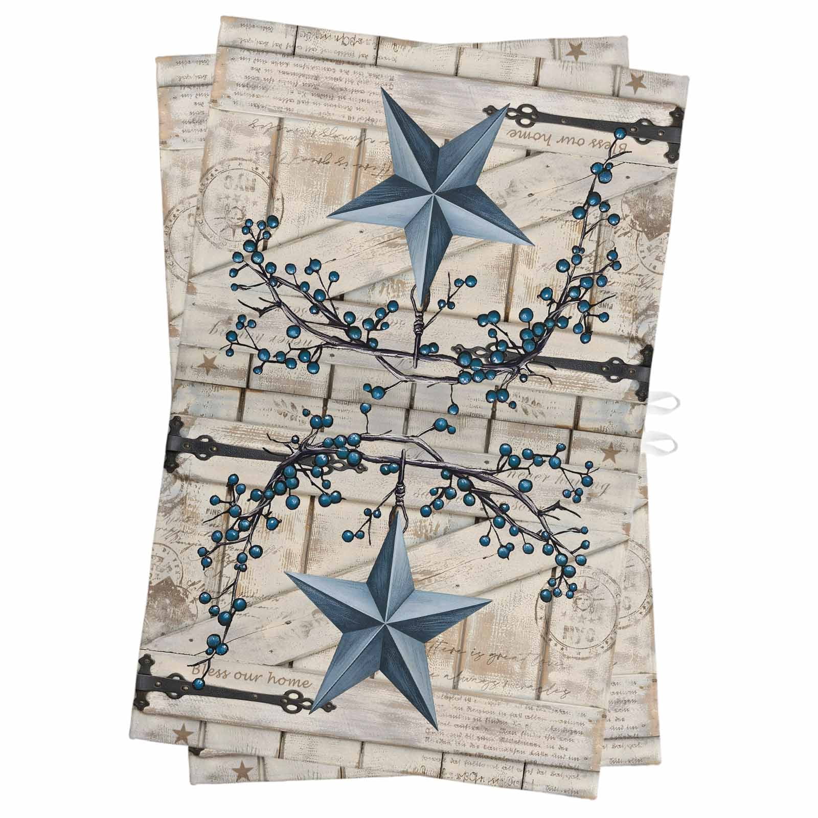 Texas Star Vintage Kitchen Towels Set of 2, Water Absorbent Dish Towel, Retro Navy Blue Berry Wooden Decorative Hand Towels - Quick Drying Cloth for Cooking Baking, 18x28 Inch
