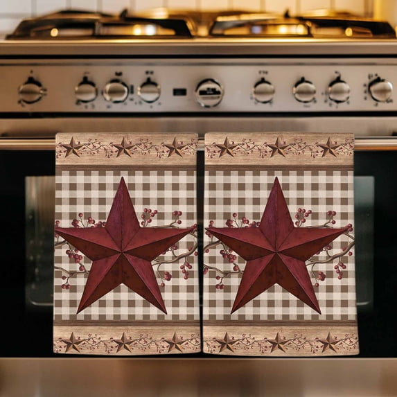Texas Star Vintage Kitchen Towels Set of 3, Brown Checkered Berry Farmhouse Absorbent Dish Towels for Kitchen, Microfiber Hand Towel, Quick Drying Tea Towel for Cleaning Decorative Dishcloths
