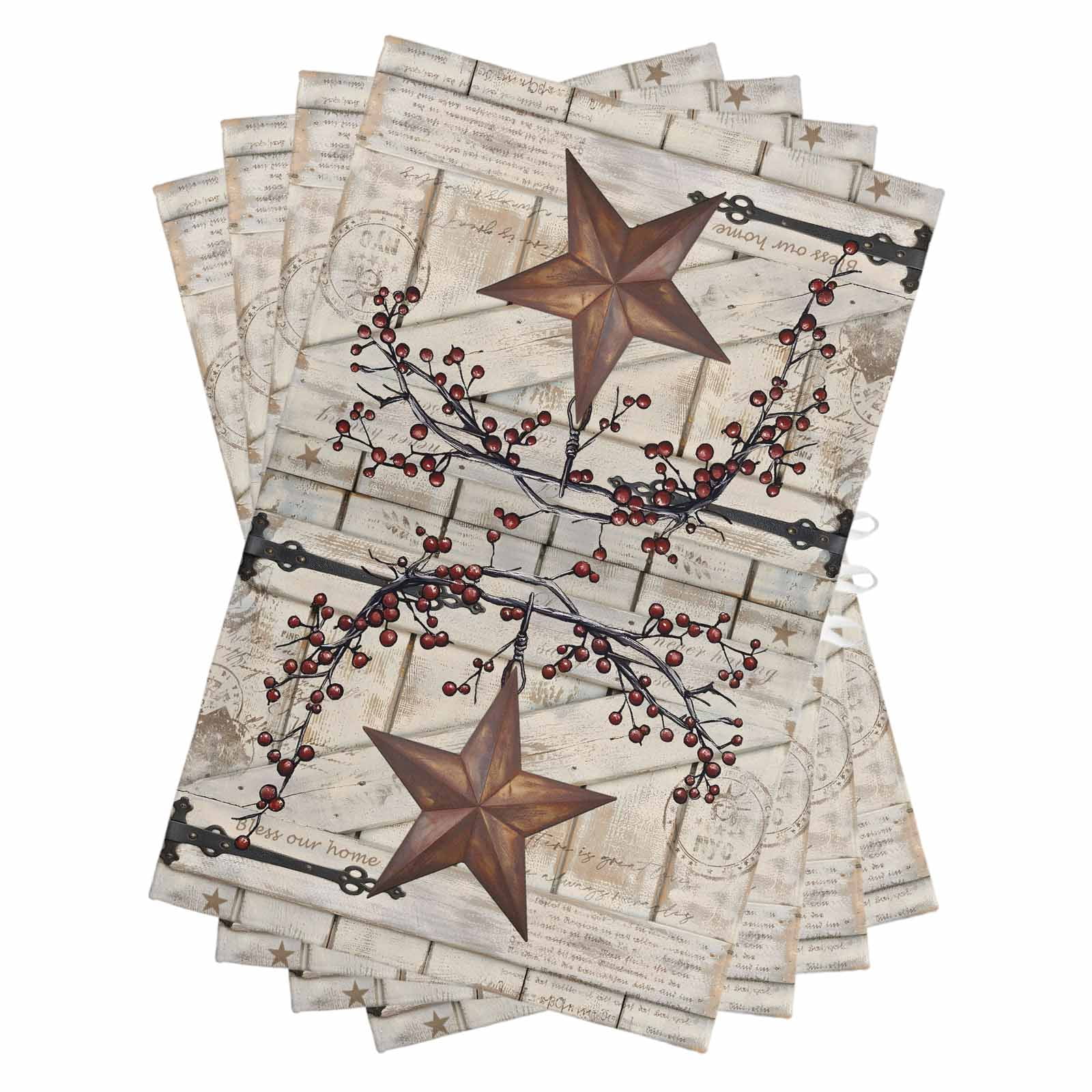Texas Star Vintage Kitchen Towels Set of 4, Water Absorbent Dish Towel, Brown Retro Berry Beige Wooden Decorative Hand Towels - Quick Drying Cloth for Cooking Baking, 18x28 Inch