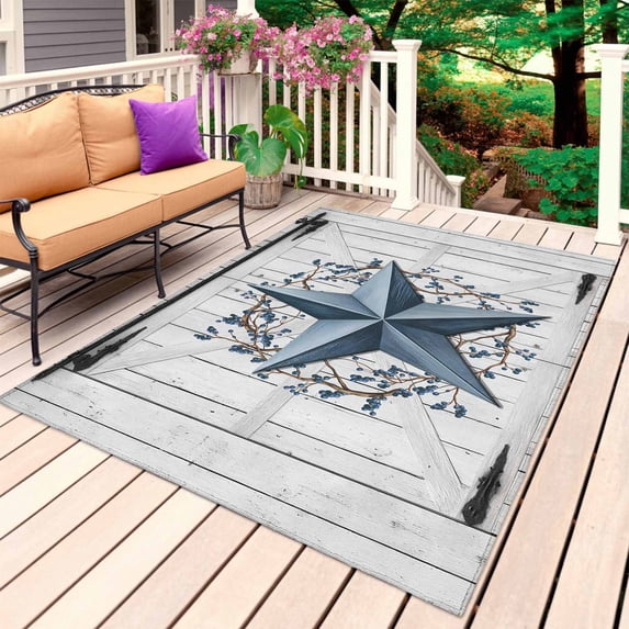 Texas Star Vintage Outdoor Rug 4x6 Ft, Non Slip Washable Area Rug, Navy Blue Retro Wooden Berry Patio Rugs Carpet Runner, Large Floor Mat for Indoor/Outdoor Deck Porch Camping