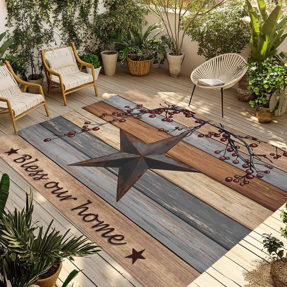 Texas Star Vintage Outdoor Rug for Patio/Deck/Porch, Non-Slip Large Area Rug 5 x 7 Ft, Berry Grey Blue Brown Wooden Indoor Outdoor Rugs Washable Area Rugs, Reversible Camping Rug Carpet Runner