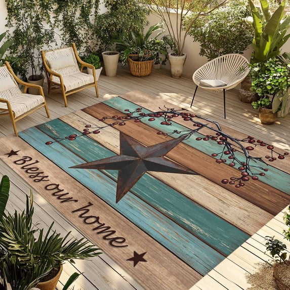 Texas Star Vintage Outdoor Rug for Patio/Deck/Porch, Non-Slip Large Area Rug 5 x 8 Ft, Berry Turquoise Green Brown Wooden Indoor Outdoor Rugs Washable Area Rugs, Reversible Camping Rug Carpet Runner