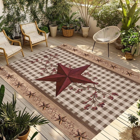 Texas Star Vintage Outdoor Rug for Patio/Deck/Porch, Non-Slip Large Area Rug 6 x 9 Ft, Brown Checkered Berry Farmhouse Indoor Outdoor Rugs Washable Area Rugs, Reversible Camping Rug Carpet Runner