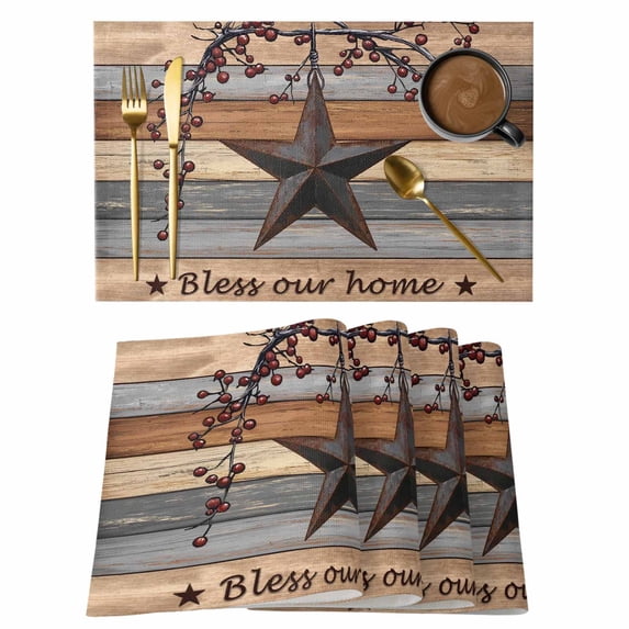 Texas Star Vintage Placemats Set of 12, Berry Grey Blue Brown Wooden Placemats for Dining Table, Place Mats for Kitchen Tabletop, Waterproof Wipeable Dining Table Mats Set