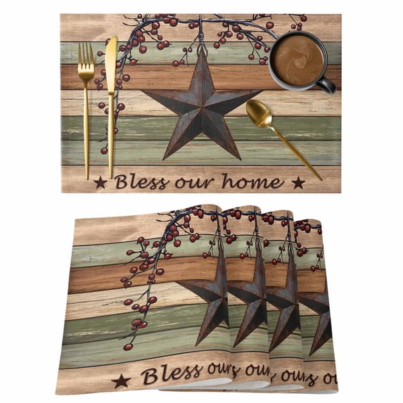 Texas Star Vintage Placemats Set of 12, Berry Sage Green Brown Wooden Placemats for Dining Table, Place Mats for Kitchen Tabletop, Waterproof Wipeable Dining Table Mats Set