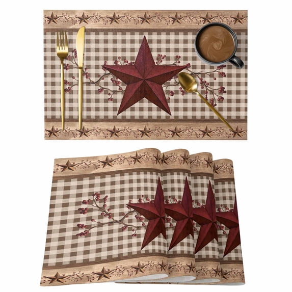 Texas Star Vintage Placemats Set of 12, Brown Checkered Berry Farmhouse Placemats for Dining Table, Place Mats for Kitchen Tabletop, Waterproof Wipeable Dining Table Mats Set
