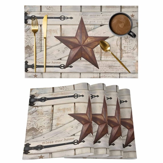 Texas Star Vintage Placemats Set of 12 Retro Brown Berry Wooden Place Mats Indoor Wipeable Table Mats Washable Cloth Dining Table Placemats for Kitchen Holiday Party Home Decor 13x19 Inch