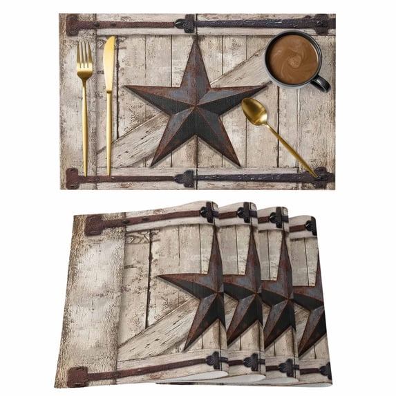 Texas Star Vintage Placemats Set of 4 Brown Khaki Wooden Retro Art Place Mats Indoor Wipeable Table Mats Washable Cloth Dining Table Placemats for Kitchen Holiday Party Home Decor 13x19 Inch
