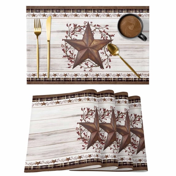 Texas Star Vintage Placemats Set of 8 Red Berry Retro Art Brown White Wooden Place Mats Indoor Wipeable Table Mats Washable Dining Table Placemats for Kitchen Holiday Party Home Decor 13x19 Inch