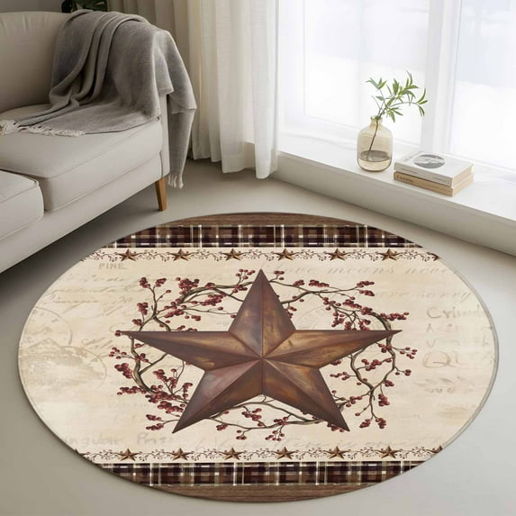 Texas Star Vintage Round Area Rug 3.3Ft Washable Circle Rugs for Dining Room Table, Brown Retro Art Red Berry Farmhouse Non-Slip Carpet Floor Mats Indoor Outdoor Carpet Runner Aesthetic Home Decor
