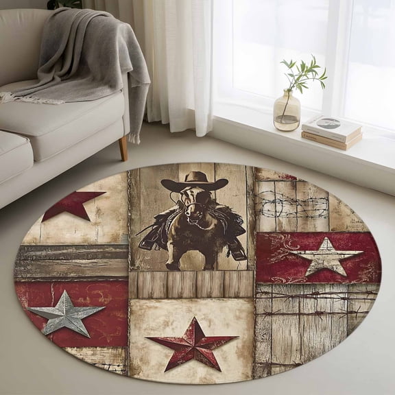 Texas Star Vintage Round Area Rug 3 FT, Small Kitchen Bathroom Mats, Western Cowboy Country Wooden Washable Indoor Outdoor Throw Runner Carpet Non-Shedding Doormat for Table Shower Sofa Entryway