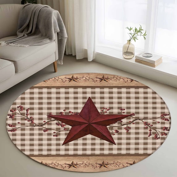 Texas Star Vintage Round Area Rug 4Ft Washable Circle Rugs for Bedroom Dining Room, Brown Checkered Berry Farmhouse Non-Slip Carpet Floor Mats Indoor Outdoor Carpet Runner Aesthetic Home Decor
