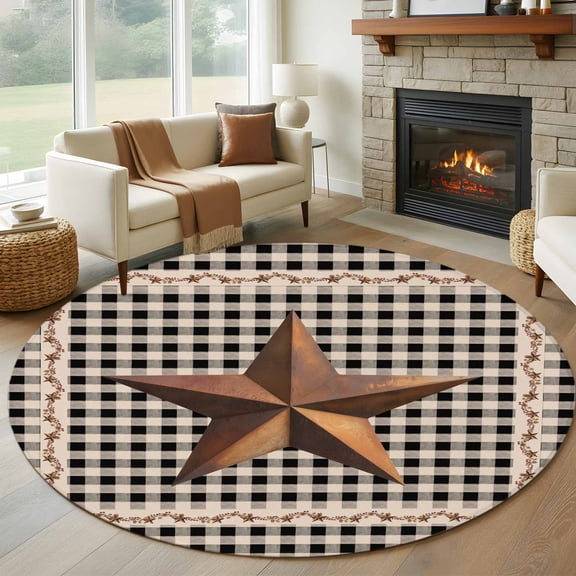 Texas Star Vintage Round Area Rug 7Ft Washable Circle Rugs for Dorm Laundry Room, Retro Country Brown Stars Checkered Non-Slip Carpet Floor Mats Indoor Outdoor Carpet Runner Aesthetic Home Decor