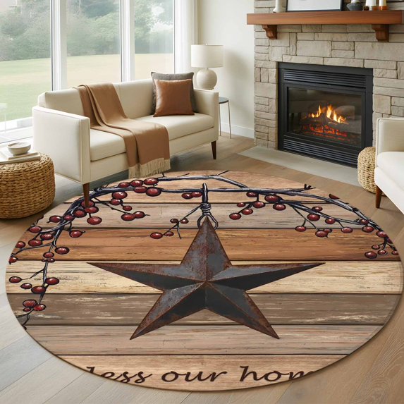 Texas Star Vintage Round Area Rug 8Ft Washable Large Circle Rugs for Living Room Dorm, Berry Dark Brown Wooden Non-Slip Carpet Floor Mats Indoor Outdoor Carpet Runner Aesthetic Home Decor