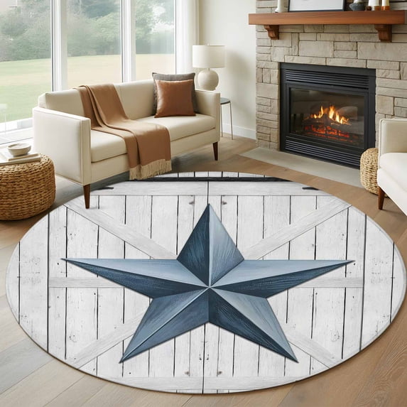 Texas Star Vintage Round Rug 5ft Washable Circle Kitchen Rugs Non Slip Navy Blue Wooden Retro Large Area Rug Indoor Floor Carpet for Bedroom Living Room Home Office Dining Room Nursery