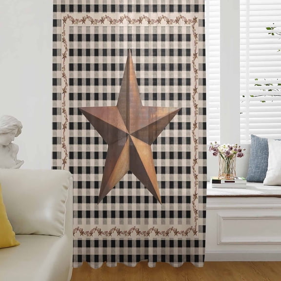 Texas Star Vintage Semi Sheer Curtains Drapes for Living Room,Bedroom,French Doors Window 96 Inches Long,Retro Country Brown Stars Checkered Rod Pocket Chiffon Curtain Drapery Voile Draperies Panel