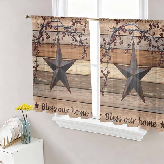 Texas Star Vintage Sheer Curtains 54 Inch Length 2 Panels Set Window Treatments, Berry Dark Brown Wooden Rod Pocket Semi Curtains for Living Room/Bedroom/Kitchen Décor, 104"W x 54"L