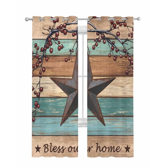 Texas Star Vintage Sheer Curtains 63 Inch Length 2 Panels Set for Living Room/Bedroom, Berry Turquoise Green Brown Wooden Kitchen Curtains Grommet Semi-Sheer Curtains Window Treatments 42"x63"x2