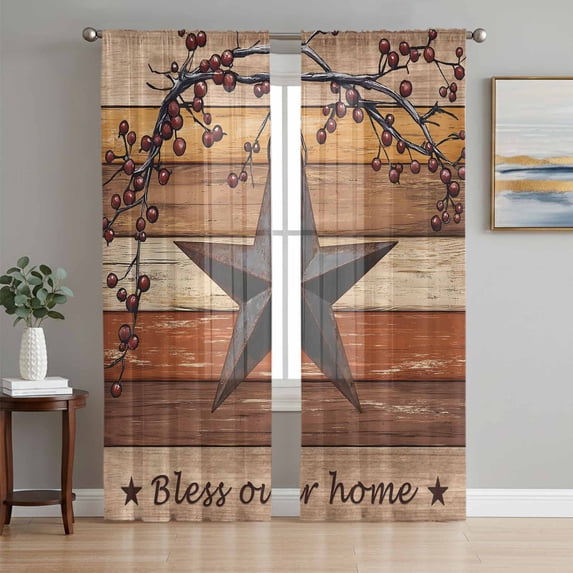 Texas Star Vintage Sheer Curtains 96 Inch Length 2 Panels Set Window Treatments, Berry Burnt Orange Brown Wooden Rod Pocket Semi Curtains for Living Room/Bedroom/Kitchen Décor, 104"W x 96"L