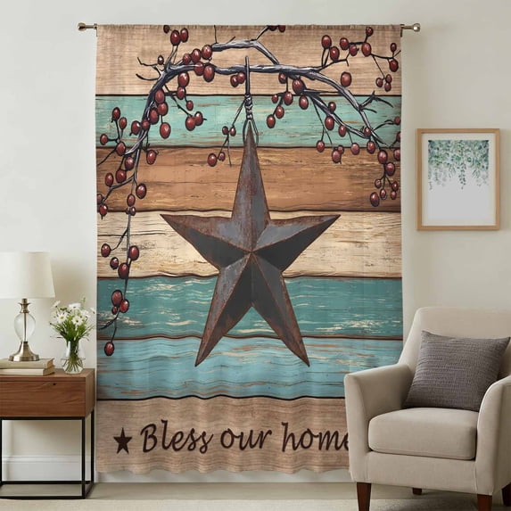 Texas Star Vintage Sheer Curtains 96 Inches Long, Berry Turquoise Green Brown Wooden Light Filering Curtains, Privacy Drapes Simi Floor to Veiling Curtain for Living Room Bedroom Window Treatment