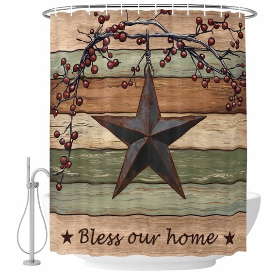 Texas Star Vintage Shower Curtain, Waterproof Shower Curtains for Bathroom, Berry Sage Green Brown Wooden Washable Fabric Bathtub Curtain Set Bath Decor with 12 Hooks Extra Long 72"x96"