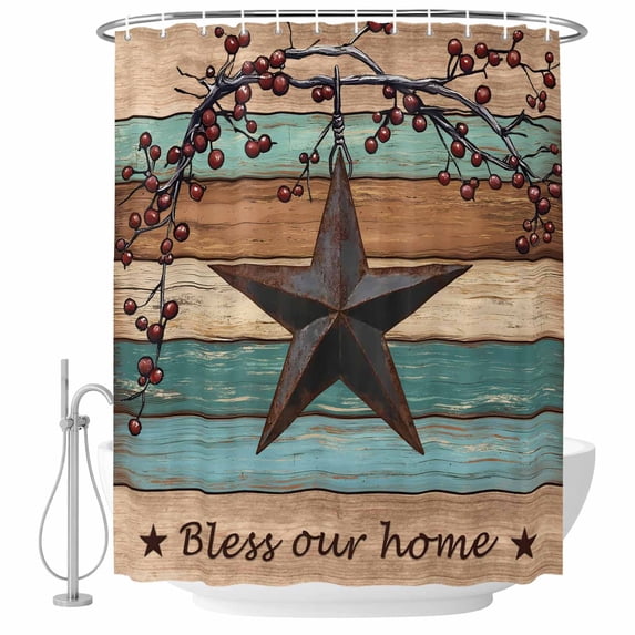 Texas Star Vintage Shower Curtain, Waterproof Shower Curtains for Bathroom, Berry Turquoise Green Brown Wooden Washable Fabric Bathtub Curtain Set Bath Decor with 12 Hooks Extra Long 72"x96"