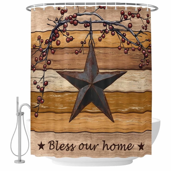 Texas Star Vintage Shower Curtain, Waterproof Shower Curtains for Bathroom, Berry Yellow Brown Wooden Washable Fabric Bathtub Curtain Set Bath Decor with 12 Hooks 72"x78"