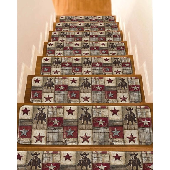 Texas Star Vintage Stair Treads for Wooden Steps Indoor Runner Rug Carpet, Western Cowboy Country Wooden 4 Pieces Peel and Stick Staircase Step Treads Covers Washable Throw Door Mats, 30"x8"