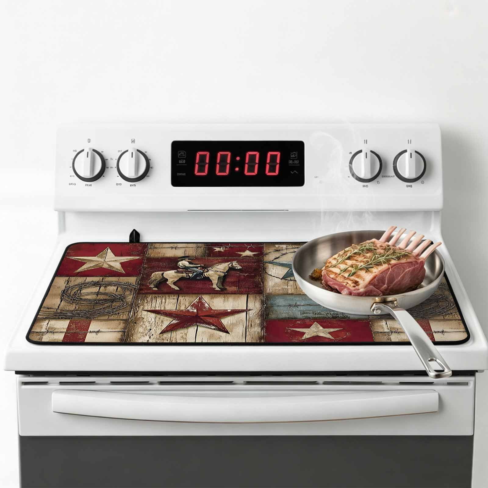 Texas Star Vintage Stove Top Cover for Electric Stove, Heat-proof & Non Slip Glass Top Stove Cover Protector, Country Star Western Cowboy Kitchen Flat Cooktop Rubber Mat 24x21 Inches