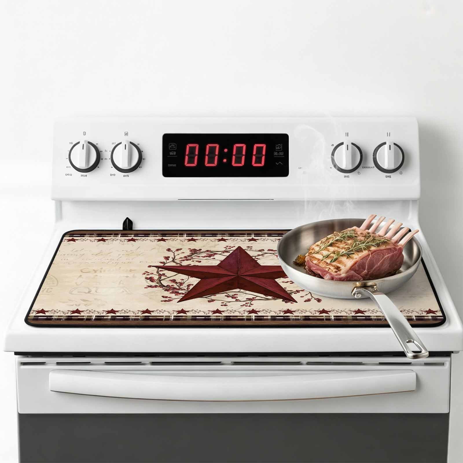 Texas Star Vintage Stove Top Cover for Electric Stove, Heat-proof & Non Slip Glass Top Stove Cover Protector, Red Berry Retro Art Farmhouse Kitchen Flat Cooktop Rubber Mat 24x21 Inches