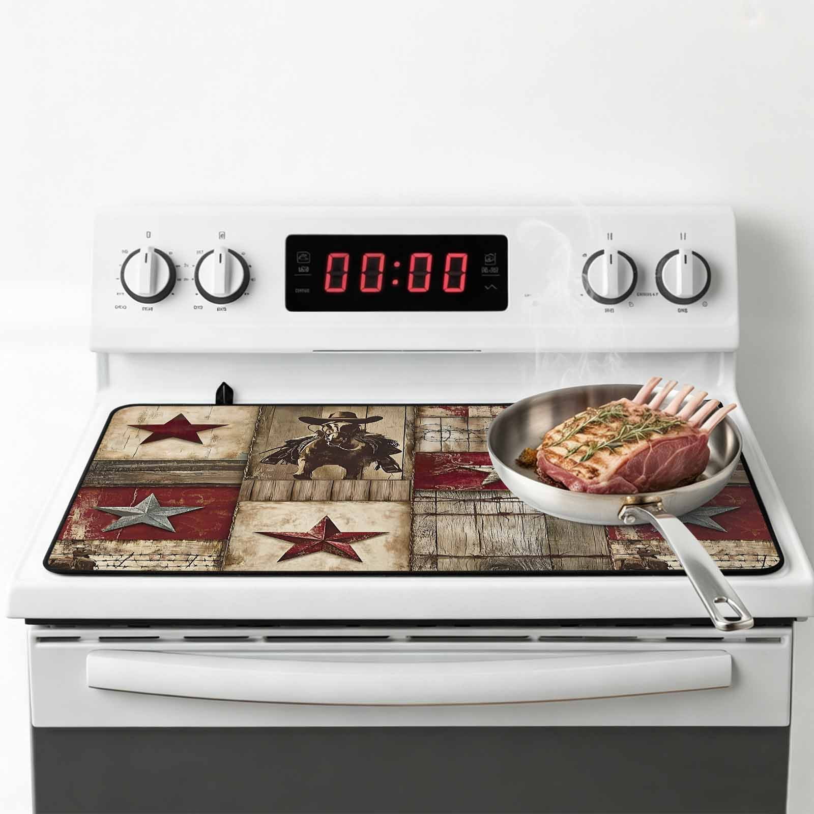 Texas Star Vintage Stove Top Cover for Electric Stove, Heat-proof & Non Slip Glass Top Stove Cover Protector, Western Cowboy Country Wooden Kitchen Flat Cooktop Rubber Mat 24x21 Inches
