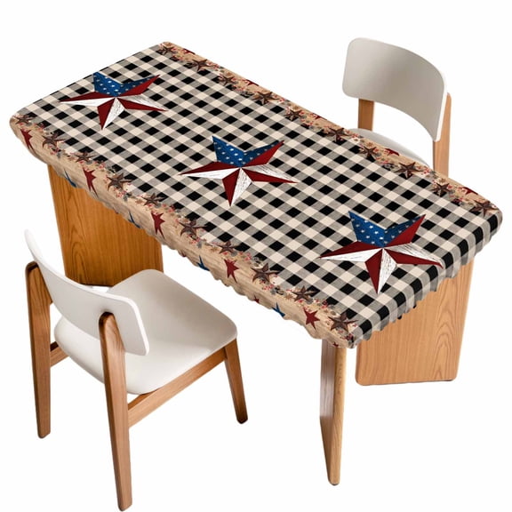 Texas Star Vintage Table Cloths for 4 Foot Rectangle Tables, Black White Retro Art Patio Waterproof Elastic Fitted Tablecloths, Washable Rectangular Table Cover for Camping