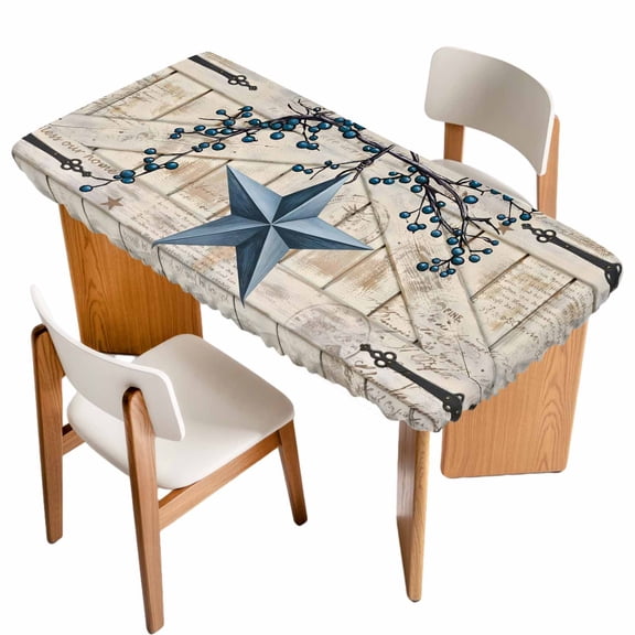 Texas Star Vintage Table Cloths for 4 Foot Rectangle Tables, Retro Navy Blue Berry Wooden Patio Waterproof Elastic Fitted Tablecloths, Washable Rectangular Table Cover for Camping