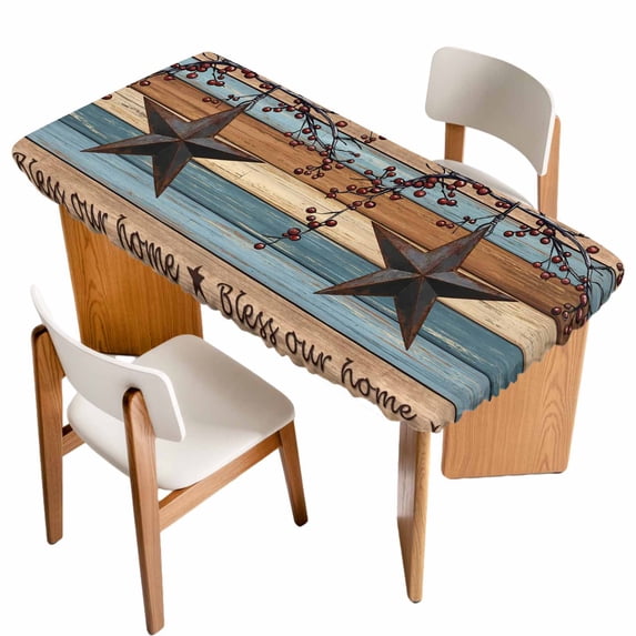 Texas Star Vintage Table Cloths for 5 Foot Rectangle Tables, Berry Navy Blue Brown Wooden Patio Waterproof Elastic Fitted Tablecloths, Washable Rectangular Table Cover for Camping