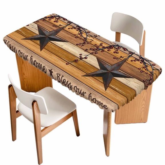 Texas Star Vintage Table Cloths for 6 Foot Rectangle Tables, Berry Yellow Brown Wooden Patio Waterproof Elastic Fitted Tablecloths, Washable Rectangular Table Cover for Camping