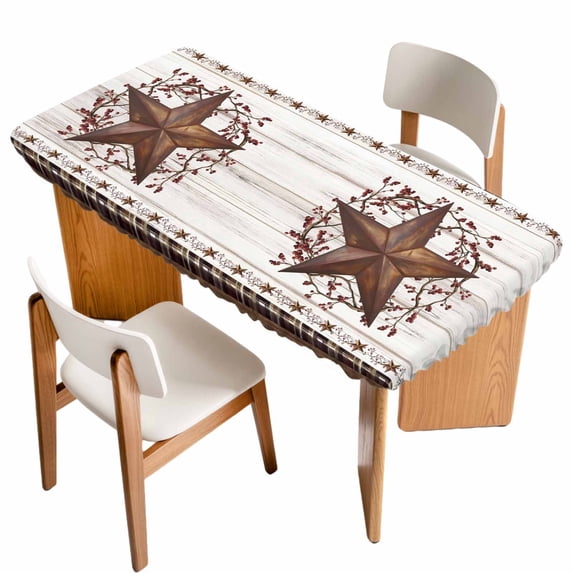 Texas Star Vintage Table Cloths for 6 Foot Rectangle Tables, Red Berry Retro Art Brown White Wooden Patio Waterproof Elastic Fitted Tablecloths, Washable Rectangular Table Cover for Camping