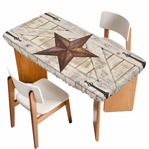 Texas Star Vintage Table Cloths for 6 Foot Rectangle Tables, Retro Brown Berry Wooden Patio Waterproof Elastic Fitted Tablecloths, Washable Rectangular Table Cover for Camping