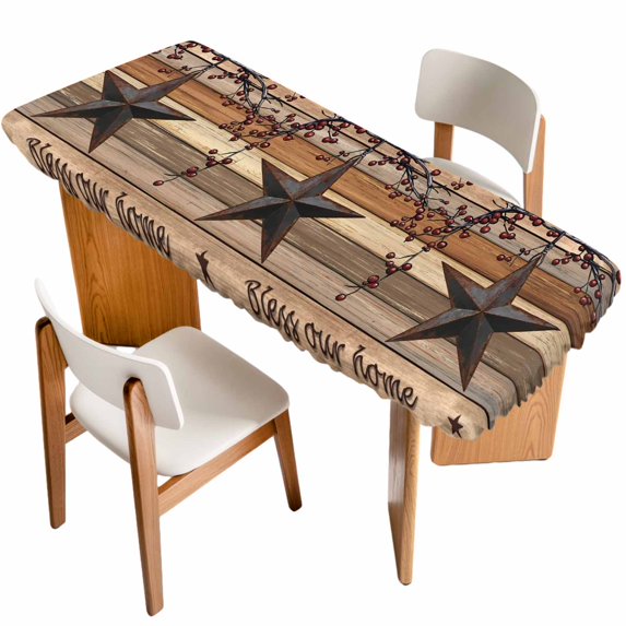 Texas Star Vintage Table Cloths for 8 Foot Rectangle Tables, Berry Dark Brown Wooden Patio Waterproof Elastic Fitted Tablecloths, Washable Rectangular Table Cover for Camping