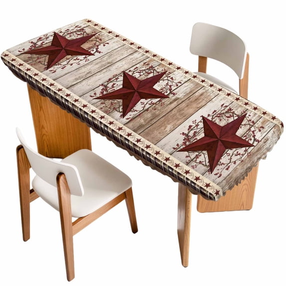 Texas Star Vintage Table Cloths for 8 Foot Rectangle Tables, Red Berry Retro Art Wooden Patio Waterproof Elastic Fitted Tablecloths, Washable Rectangular Table Cover for Camping