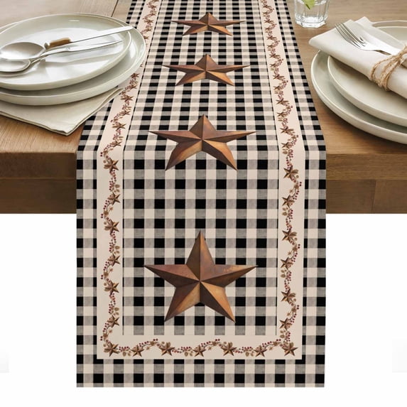 Texas Star Vintage Table Runner - 120 Inch Long, Kitchen Dining Table Runner Dresser Scarves, Retro Country Brown Stars Checkered Farmhouse Decor for Coffee Tables Wedding Party Banquet