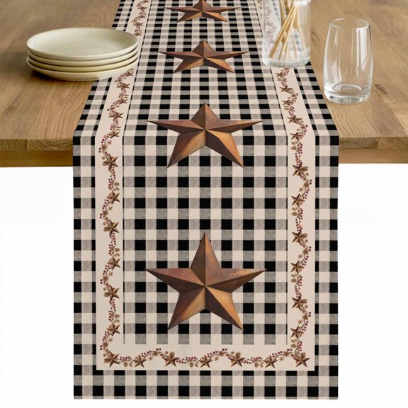 Texas Star Vintage Table Runner - 48 Inch Long Retro Country Brown Stars Checkered Cotton and Linen Blended Dress Scarves Farmhouse Table Runner for Kitchen Dining, Coffee Table, 13" x 48"