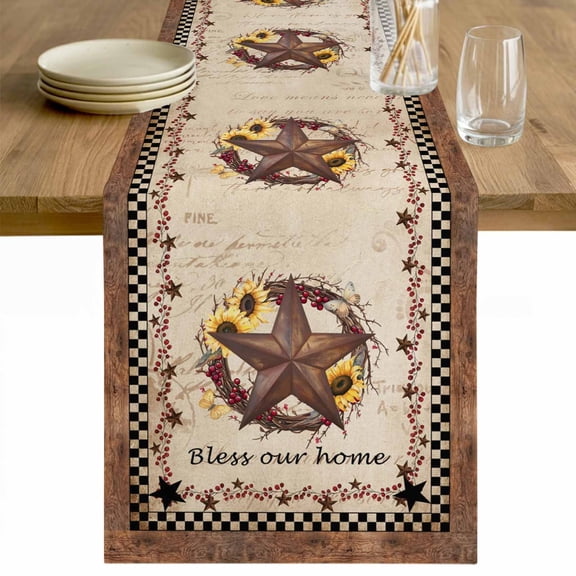 Texas Star Vintage Table Runner - 48 Inch Long Sunflower Checkered Stars Retro Art Cotton and Linen Blended Dress Scarves Farmhouse Table Runner for Kitchen Dining, Coffee Table, 13" x 48"
