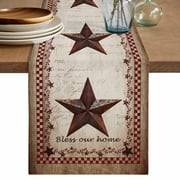Texas Star Vintage Table Runner, Bless Our Home Western Stars Country Washable Cotton Linen Table Runners 36 Inches Long, Dresser Scarf Runner for Nightstand/End Tables/Round Tables 13''x36''