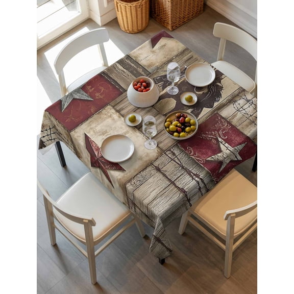 Texas Star Vintage Tablecloth Square Table Cloth 54x54, Waterproof Outdoor Table Cloth Covers Decorative Table Protector, Western Cowboy Country Wooden Washable Table Cover for Kitchen Dinning Party