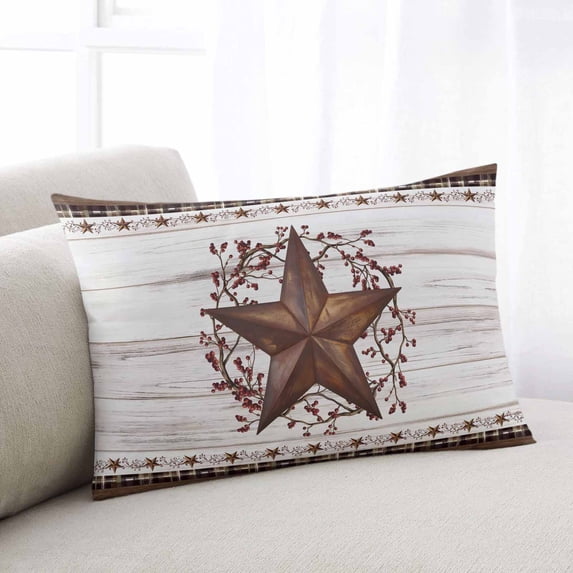 Texas Star Vintage Throw Pillow Covers, Red Berry Retro Art Brown White Wooden Soft Breathable Pillow Cases with Invisible Zipper, Toddler Pillowcases for Couch Bed Sofa Chair 12x20 Inches