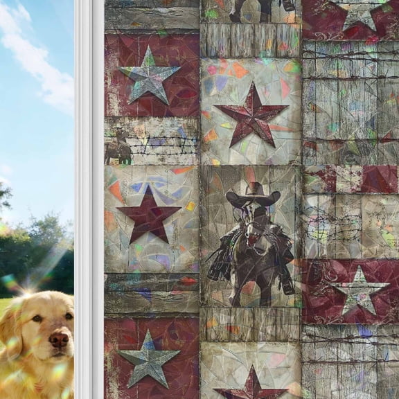 Texas Star Vintage Window Privacy Film Stain Glass,Reusable Decorative Rainbow Window Film,Western Cowboy Country Wooden Static Cling Sun Blocking Stickers Decals Covers 17.7" x 39.3" (2pcs)